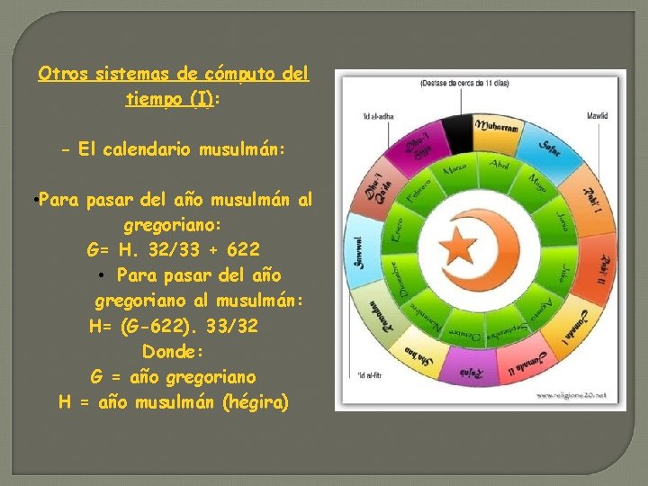 Otros sistemas de cómputo del tiempo (I): - El calendario musulmán: • Para pasar