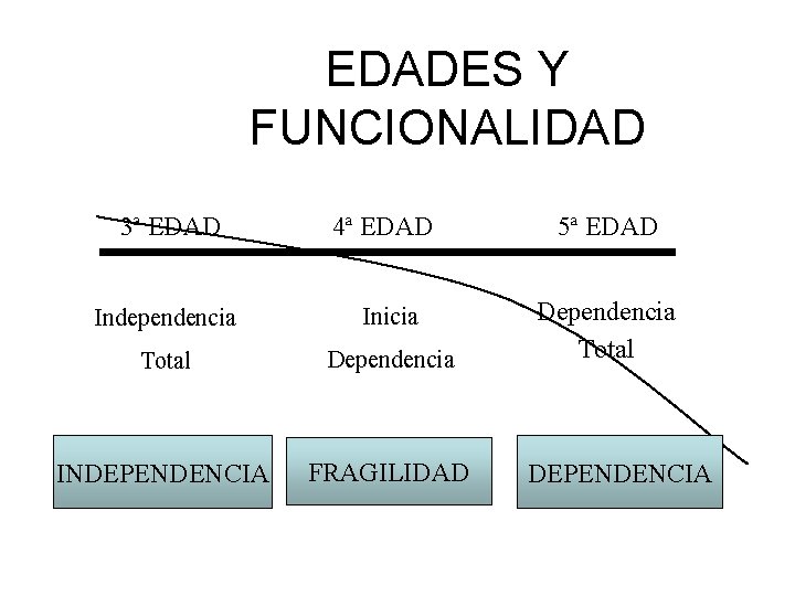 EDADES Y FUNCIONALIDAD 3ª EDAD 4ª EDAD Independencia Inicia Total Dependencia INDEPENDENCIA FRAGILIDAD 5ª