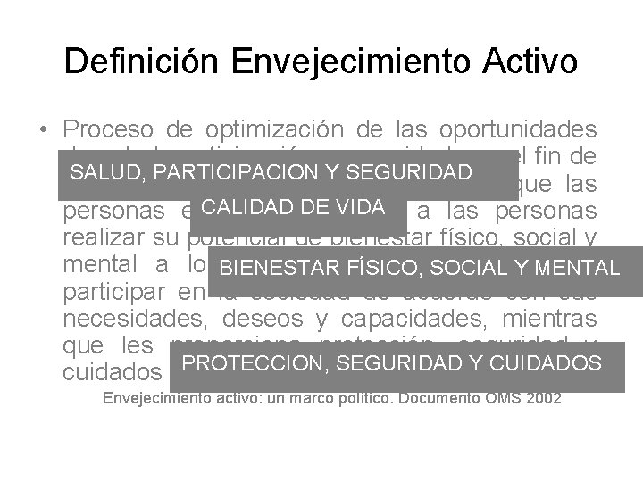 Definición Envejecimiento Activo • Proceso de optimización de las oportunidades de salud, participación y