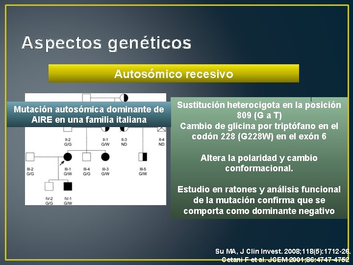 Aspectos genéticos Autosómico recesivo Mutación autosómica dominante de AIRE en una familia italiana Sustitución