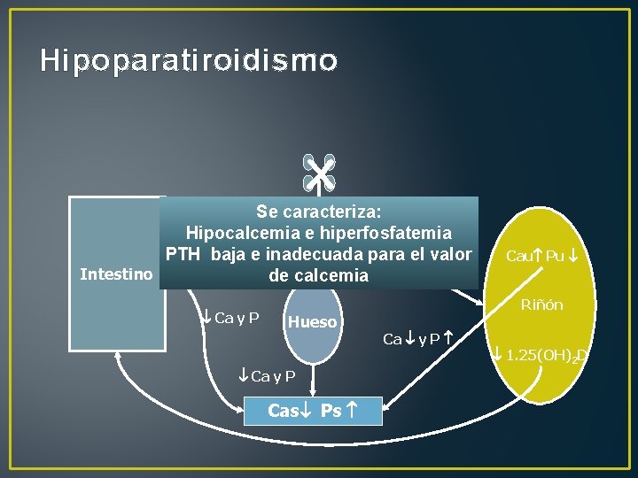 Hipoparatiroidismo X Se caracteriza: PTH Hipocalcemia e hiperfosfatemia PTH baja e inadecuada para el