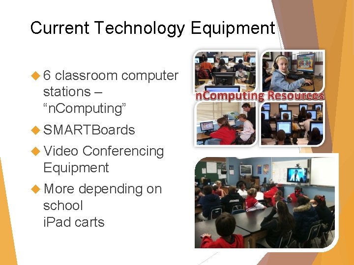 Current Technology Equipment 6 classroom computer stations – “n. Computing” SMARTBoards Video Conferencing Equipment