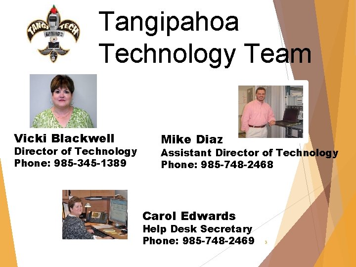 Tangipahoa Technology Team Vicki Blackwell Director of Technology Phone: 985 -345 -1389 Mike Diaz