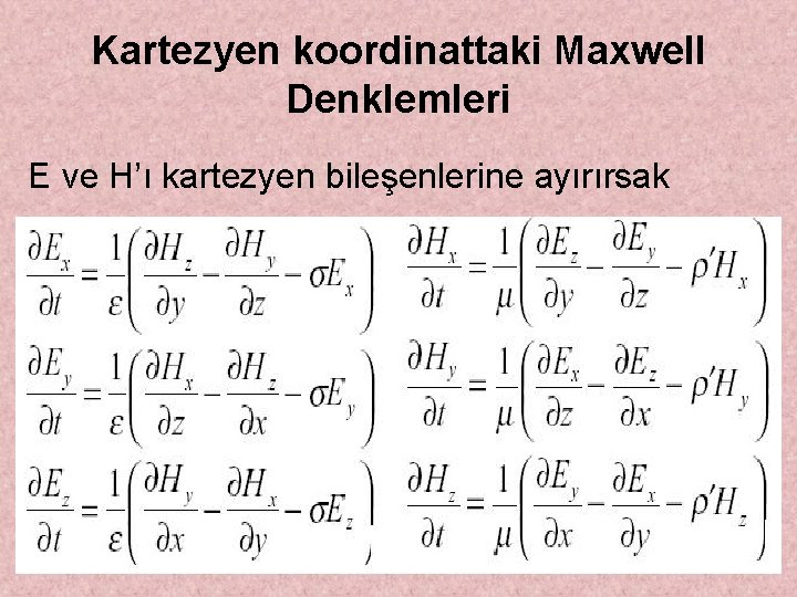 Kartezyen koordinattaki Maxwell Denklemleri E ve H’ı kartezyen bileşenlerine ayırırsak 