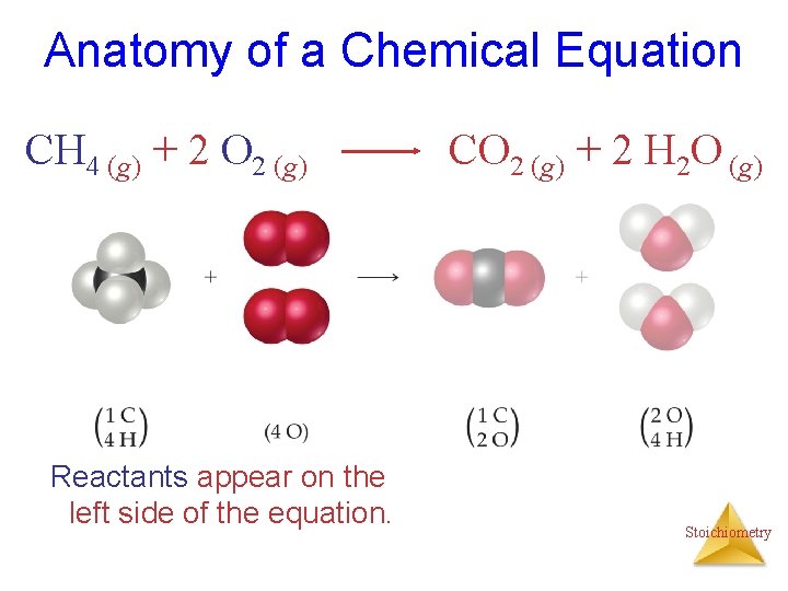 Anatomy of a Chemical Equation CH 4 (g) + 2 O 2 (g) Reactants