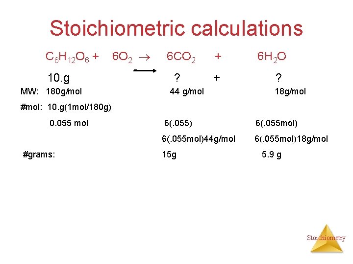 Stoichiometric calculations C 6 H 12 O 6 + 10. g MW: 180 g/mol