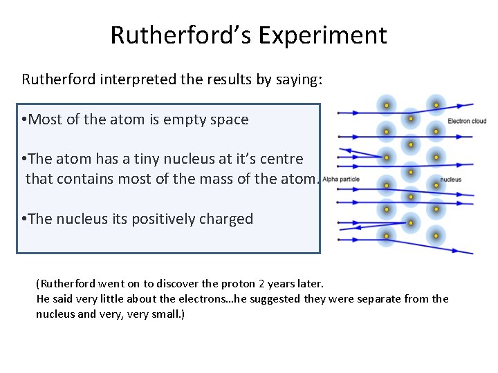 Rutherford’s Experiment Rutherford interpreted the results by saying: • Most of the atom is Rutherford’s Experiment Rutherford interpreted the results by saying: • Most of the atom is