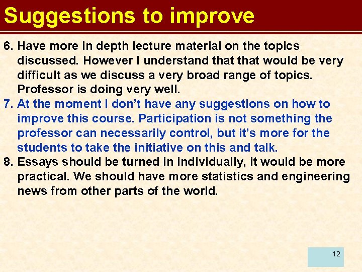 Suggestions to improve 6. Have more in depth lecture material on the topics discussed.