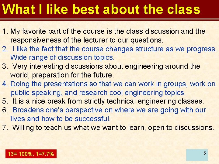 What I like best about the class 1. My favorite part of the course