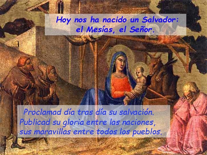 Hoy nos ha nacido un Salvador: el Mesías, el Señor. Proclamad día tras día