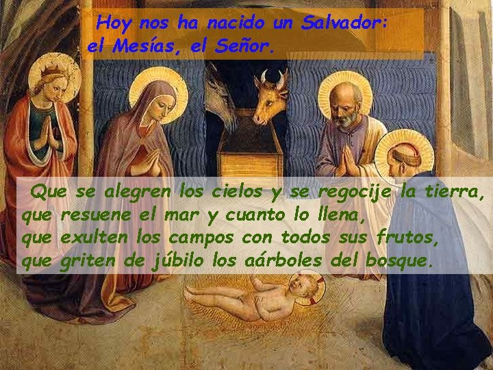 Hoy nos ha nacido un Salvador: el Mesías, el Señor. Que se alegren los