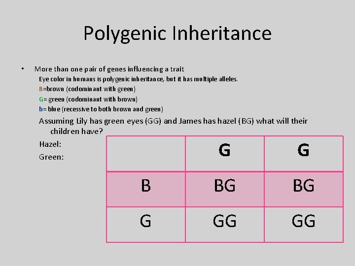 Polygenic Inheritance • More than one pair of genes influencing a trait Eye color