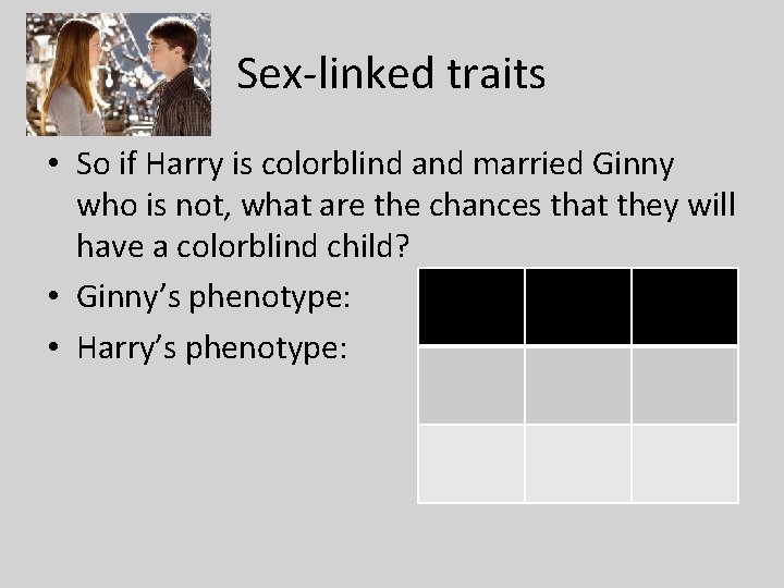 Sex-linked traits • So if Harry is colorblind and married Ginny who is not,