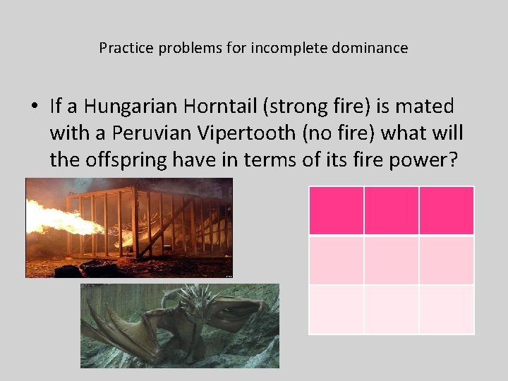 Practice problems for incomplete dominance • If a Hungarian Horntail (strong fire) is mated