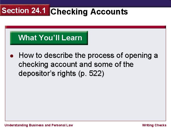 Section 24. 1 Checking Accounts What You’ll Learn How to describe the process of