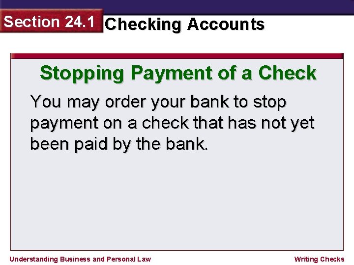 Section 24. 1 Checking Accounts Stopping Payment of a Check You may order your
