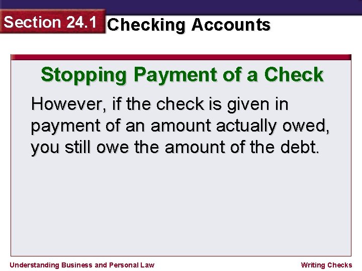 Section 24. 1 Checking Accounts Stopping Payment of a Check However, if the check
