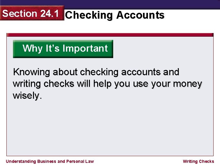 Section 24. 1 Checking Accounts Why It’s Important Knowing about checking accounts and writing