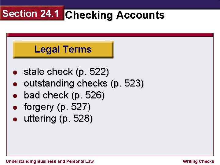 Section 24. 1 Checking Accounts Legal Terms stale check (p. 522) outstanding checks (p.