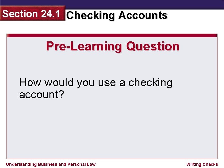 Section 24. 1 Checking Accounts Pre-Learning Question How would you use a checking account?