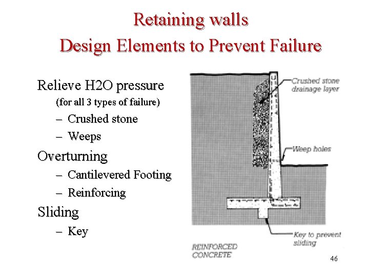Retaining walls Design Elements to Prevent Failure Relieve H 2 O pressure (for all