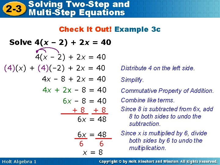 Solving Two-Step and 2 -3 Multi-Step Equations Check It Out! Example 3 c Solve