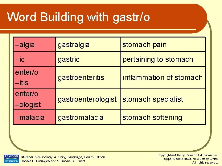 Word Building with gastr/o –algia gastralgia stomach pain –ic gastric pertaining to stomach enter/o