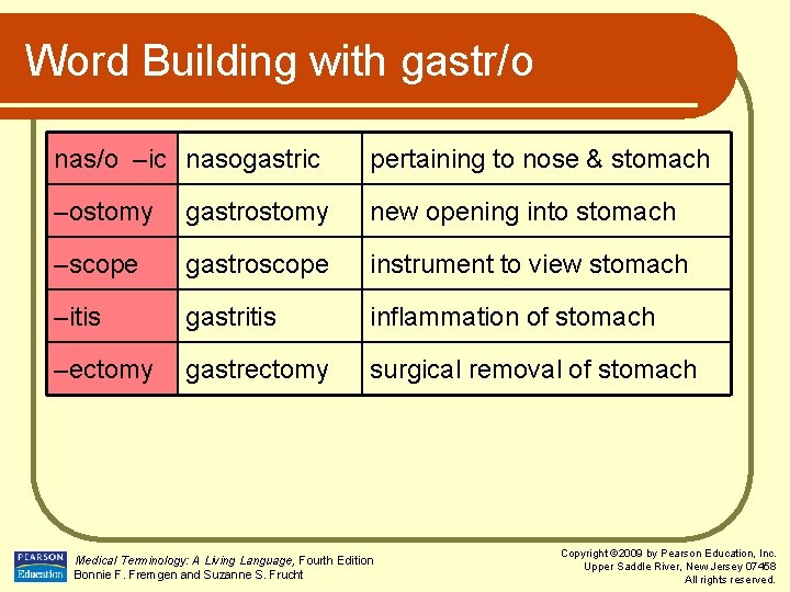 Word Building with gastr/o nas/o –ic nasogastric pertaining to nose & stomach –ostomy gastrostomy