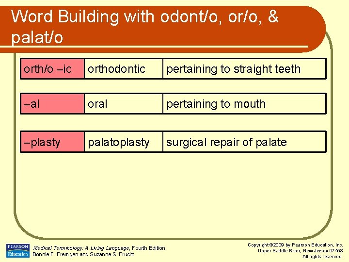 Word Building with odont/o, or/o, & palat/o orth/o –ic orthodontic pertaining to straight teeth