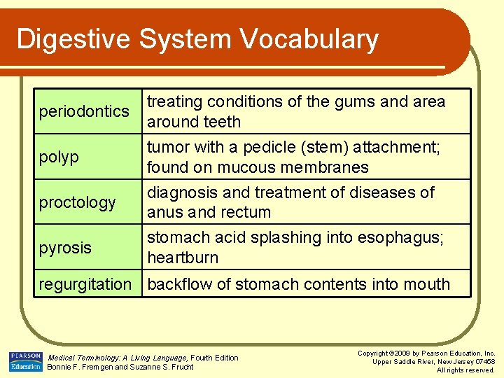 Digestive System Vocabulary periodontics treating conditions of the gums and area around teeth polyp