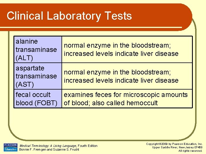 Clinical Laboratory Tests alanine transaminase (ALT) aspartate transaminase (AST) fecal occult blood (FOBT) normal