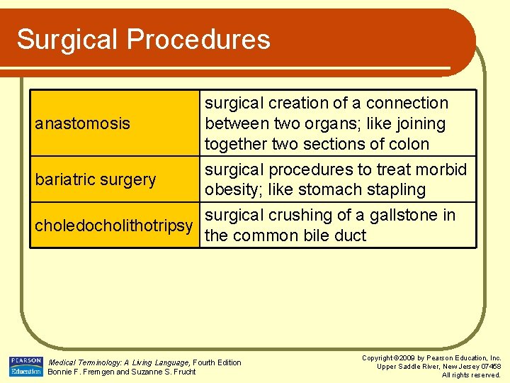 Surgical Procedures anastomosis surgical creation of a connection between two organs; like joining together