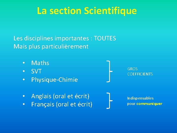 La section Scientifique Les disciplines importantes : TOUTES Mais plus particulièrement • Maths •