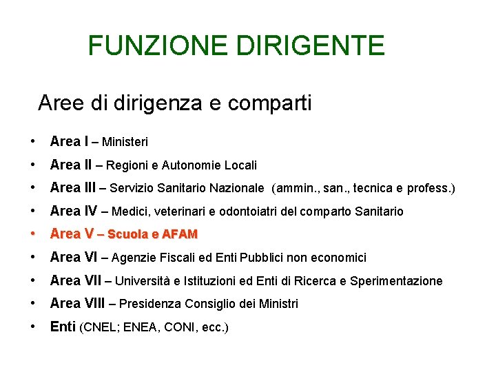 FUNZIONE DIRIGENTE Aree di dirigenza e comparti • Area I – Ministeri • Area