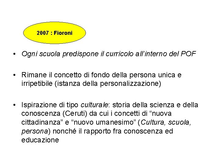 2007 : Fioroni • Ogni scuola predispone il curricolo all’interno del POF • Rimane