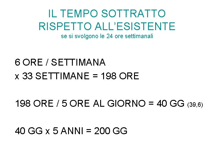 IL TEMPO SOTTRATTO RISPETTO ALL’ESISTENTE se si svolgono le 24 ore settimanali 6 ORE