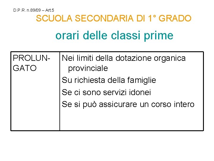 D. P. R. n. 89/09 – Art. 5 SCUOLA SECONDARIA DI 1° GRADO orari