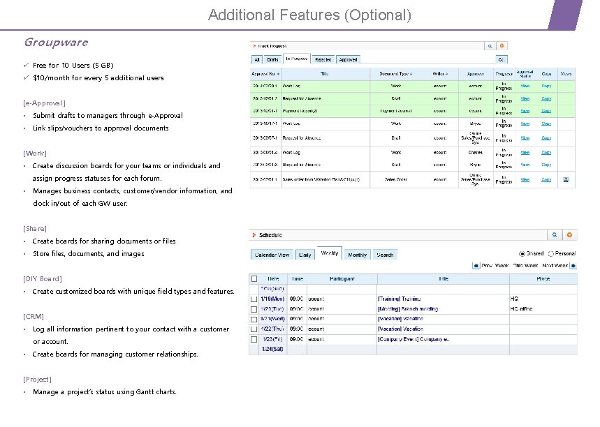 Additional Features (Optional) Groupware ü Free for 10 Users (5 GB) ü $10/month for