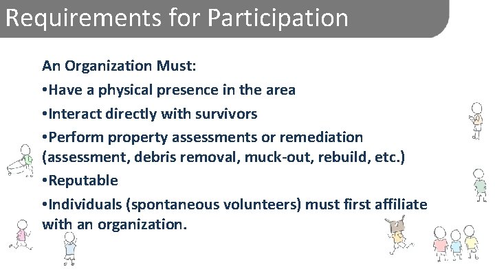 Requirements for Participation An Organization Must: • Have a physical presence in the area