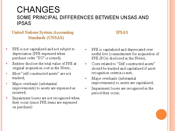 CHANGES SOME PRINCIPAL DIFFERENCES BETWEEN UNSAS AND IPSAS United Nations System Accounting Standards (UNSAS)