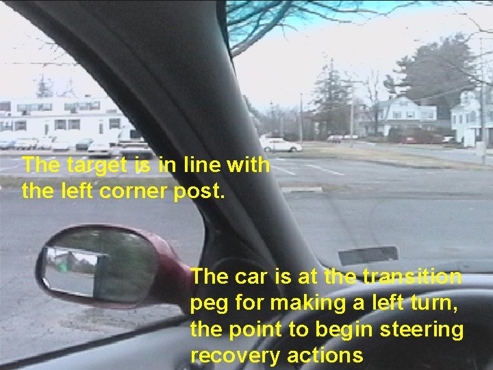 The target is in line with the left corner post. The car is at