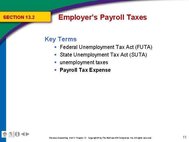 Employer’s Payroll Taxes SECTION 13. 2 Key Terms § § Federal Unemployment Tax Act