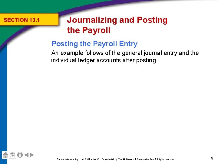 SECTION 13. 1 Journalizing and Posting the Payroll Entry An example follows of the