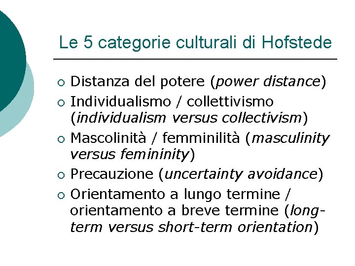 Le 5 categorie culturali di Hofstede ¡ ¡ ¡ Distanza del potere (power distance)