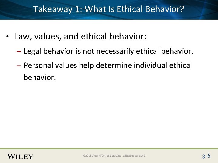 Takeaway : What Is Ethical Behavior? Place Slide Title 1 Text Here • Law,