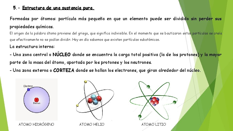 5. - Estructura de una sustancia pura. Formadas por átomos: partícula más pequeña en