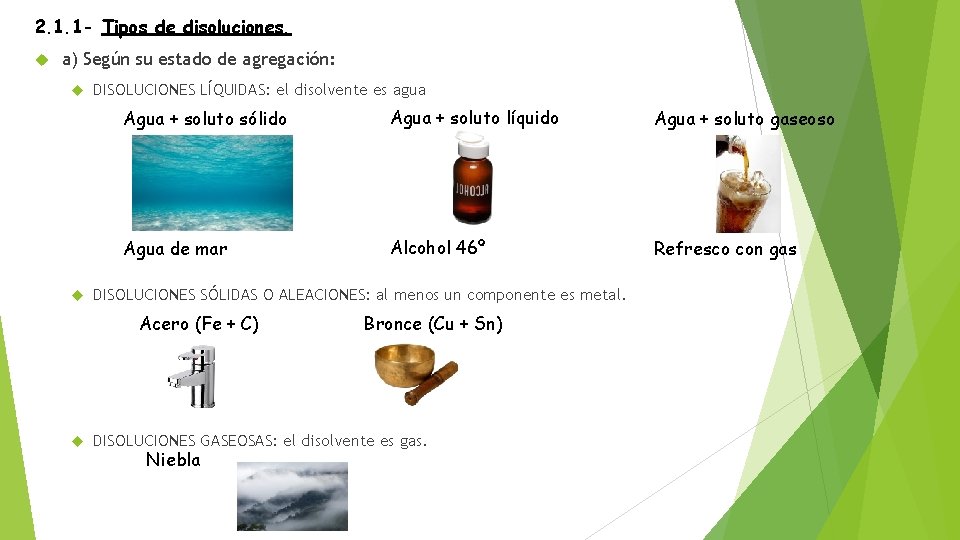 2. 1. 1 - Tipos de disoluciones. a) Según su estado de agregación: DISOLUCIONES