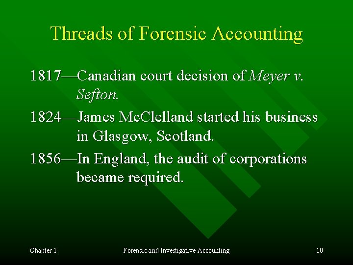 Threads of Forensic Accounting 1817—Canadian court decision of Meyer v. Sefton. 1824—James Mc. Clelland