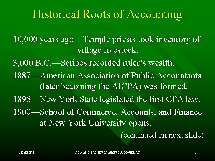 Historical Roots of Accounting 10, 000 years ago—Temple priests took inventory of village livestock.