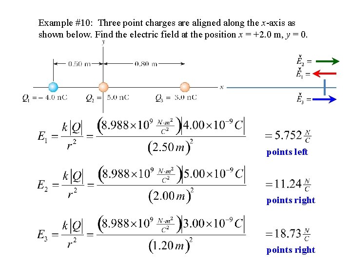 Example #10: Three point charges are aligned along the x-axis as shown below. Find